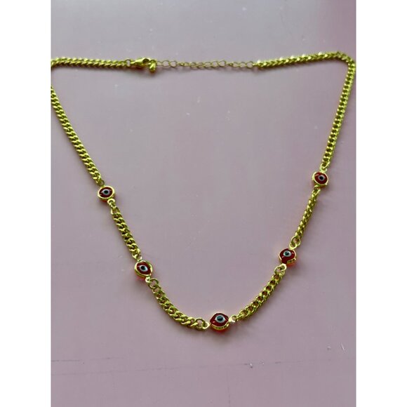Gold Chain Necklace With Red & Black Evil Eye Charms Adjustable Length Dainty & - Picture 4 of 5